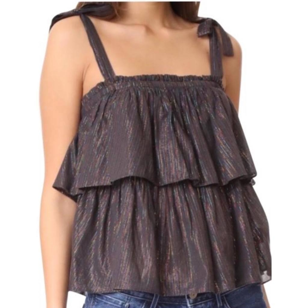 La Vie Rebecca Taylor Lurex rainbow stripe tiered ruffle tank top